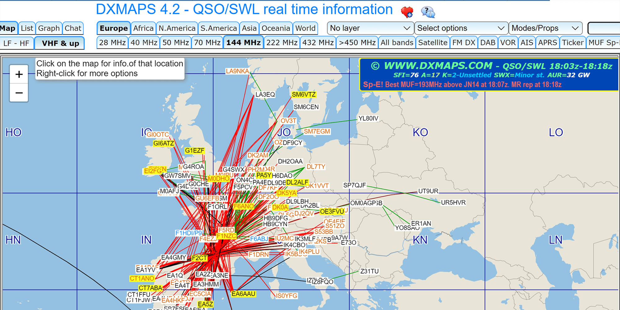 Bilde 2: Eksempel på 144 MHz spot-kart fra DX-Maps