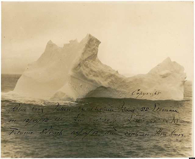 The iceberg that the Titanic allegedly collided with. Photo taken on April 12, 1912, 		by W.F. Wood, Captain of the S.S. Etonian. (Foto via Vigo-Val Miñor Amateur Radio Union)